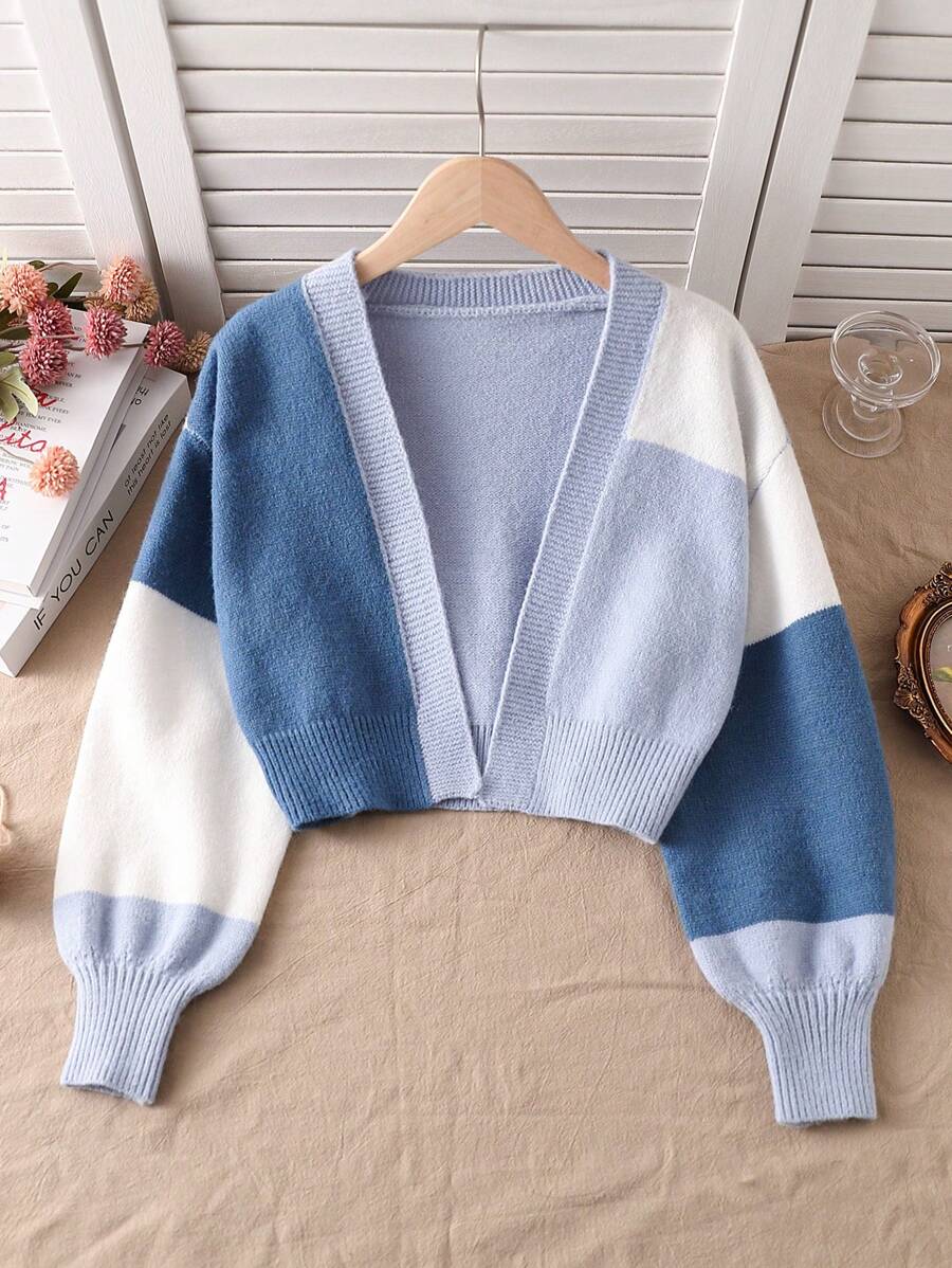 Tween Girl Light Blue And White Color Block Short Cardigan,Autumn Casual Back-To-School Fashionable Street Style Sweater,Cozy Holiday Korean Style - Blue - View 1