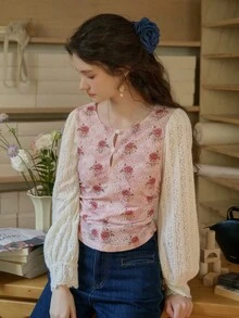 Simple Retro Women's Round Collar Full Print Rose Shirt - Pink - View 8