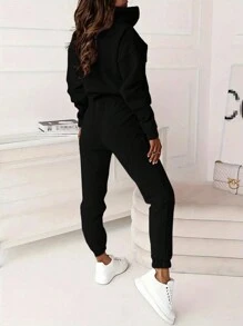 INAWLY Plus Size Casual Solid Color Hooded Sweatshirt And Pants 2pcs Sportswear Set - Black - View 2