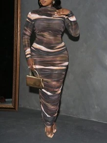 Slaydiva Đầm dài tay in họa tiết xếp nếp cổ đứng cỡ lớn cho nữ - Nhiều màu - Xem 5