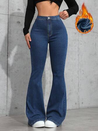 SHEIN Privé Damjeans med hög midja och utsvängda ben, termofodrade jeans, Thanksgiving, jul, höst/vinter