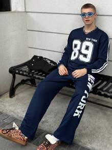 Manfinity VCAY Set de 2 piezas de sudadera informal de punto holgada de manga larga con estampado numérico y pantalones rectos de cintura elástica, moda juvenil