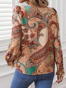 SHEIN LUNE Women Pattern Long Sleeve Shirt With Rolled-Up Sleeve Cuffs Peplum Top - Multicolor - View 2