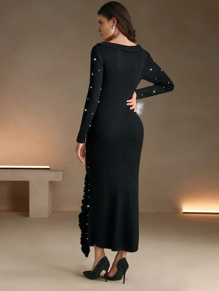 Vestido largo con cuello en V con volantes y decoración de perlas elegante