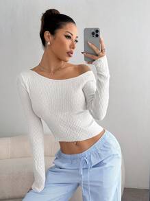 Flirla Women's Solid Color Oblique Shoulder Long Sleeve Minimalist Sweater, Casual For Daily Wear