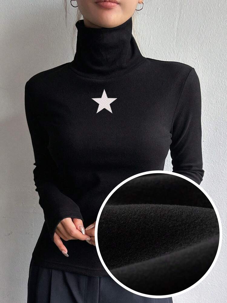 Women Turtleneck Long Sleeve Star Print Casual T-Shirt, Minimalist Design, Everyday Wear,Thermal Lined