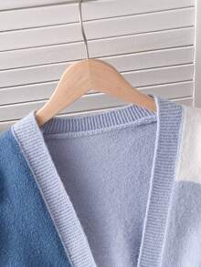 Tween Girl Light Blue And White Color Block Short Cardigan,Autumn Casual Back-To-School Fashionable Street Style Sweater,Cozy Holiday Korean Style - Blue - View 5