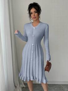 Elenzga Women's Solid Color Front Button Long Sleeve Simple Casual Sweater Dress - Grey - View 1