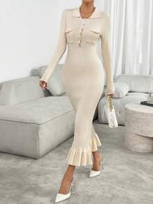 Chiquease Ruffle Trim Long Sleeve Knitted Dress, Slimming Effect, Autumn/Winter - Apricot - View 4