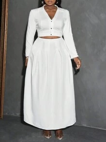 Slaydiva Elegant & Party & Gathering & Date Plus Size White Solid Color V-Neck A-Line Hem Blouse And Skirt Set - C - White - View 1