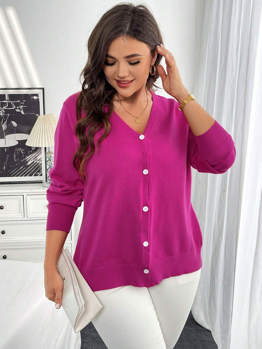 SHEIN Essnce Plus Size Women's Fashionable Vacation Valentine's Day Beach Women Outfits Fall Women Dresses Christmas Women Clothes Formal Women Dresses Summer Women Outfit Thanksgiving Holiday Business Casual Women Elegant Women Dresses Commuting Elegant Casual Rose Red Pink Loose Knitted Sweater Cardigan - Apricot - View 1
