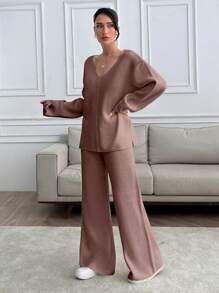EURMUSE Women V-Neck OverSize Sweater And Knit Pant Set - Dusty Pink - View 5