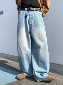 Manfinity Hypemode Men's Light Blue Washed Wide Leg Jeans, Long Oversize Jeans, For Husband, Boyfriend Gifts