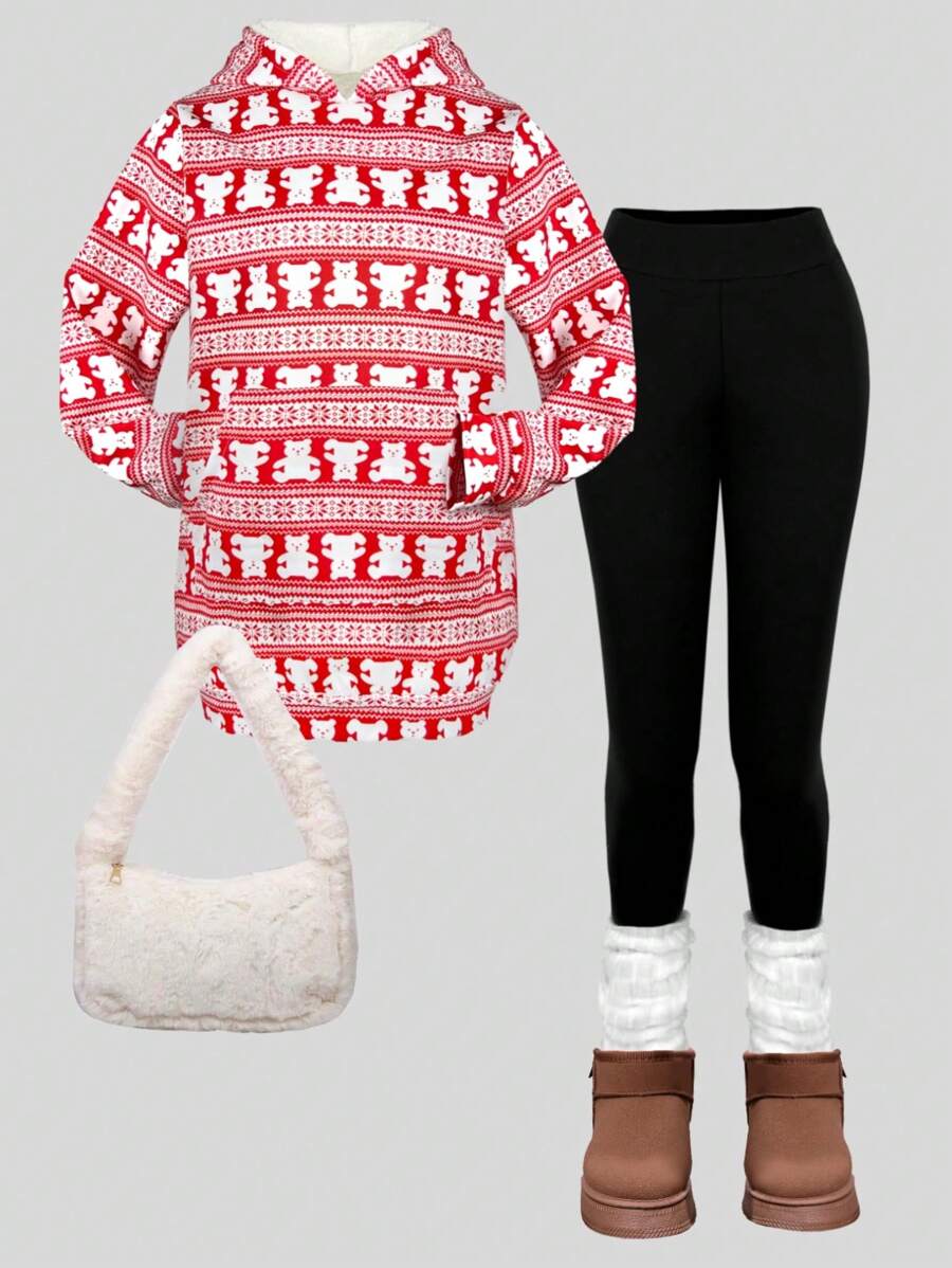 2pcs/Set Teen Girls Thermal Lined Hoodie & Leggings - Red and White - View 1
