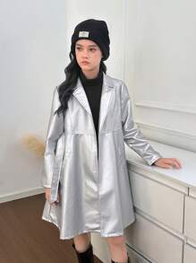 SHEIN Tween Girls' Casual Loose Minimalist Fashion Raglan Waist PU Leather Trench Coat
