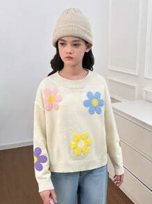 Tween Girls' Apricot All-Matching 3D Floral Cute Casual Loose Comfortable Sweater For Winter