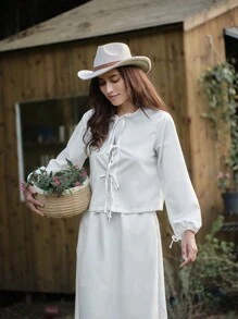 LanaWest 2pcs Women Elegant Fashion Commuter Lady Long Sleeve Round Neck Cardigan Tie Waist Top And Solid Color Long Dress Set - White - View 3