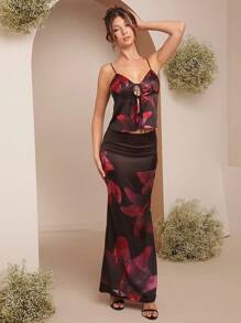 L'Amorae 女士花卉印花系带吊带背心，夏季时尚 - 黑色 - 查看 4