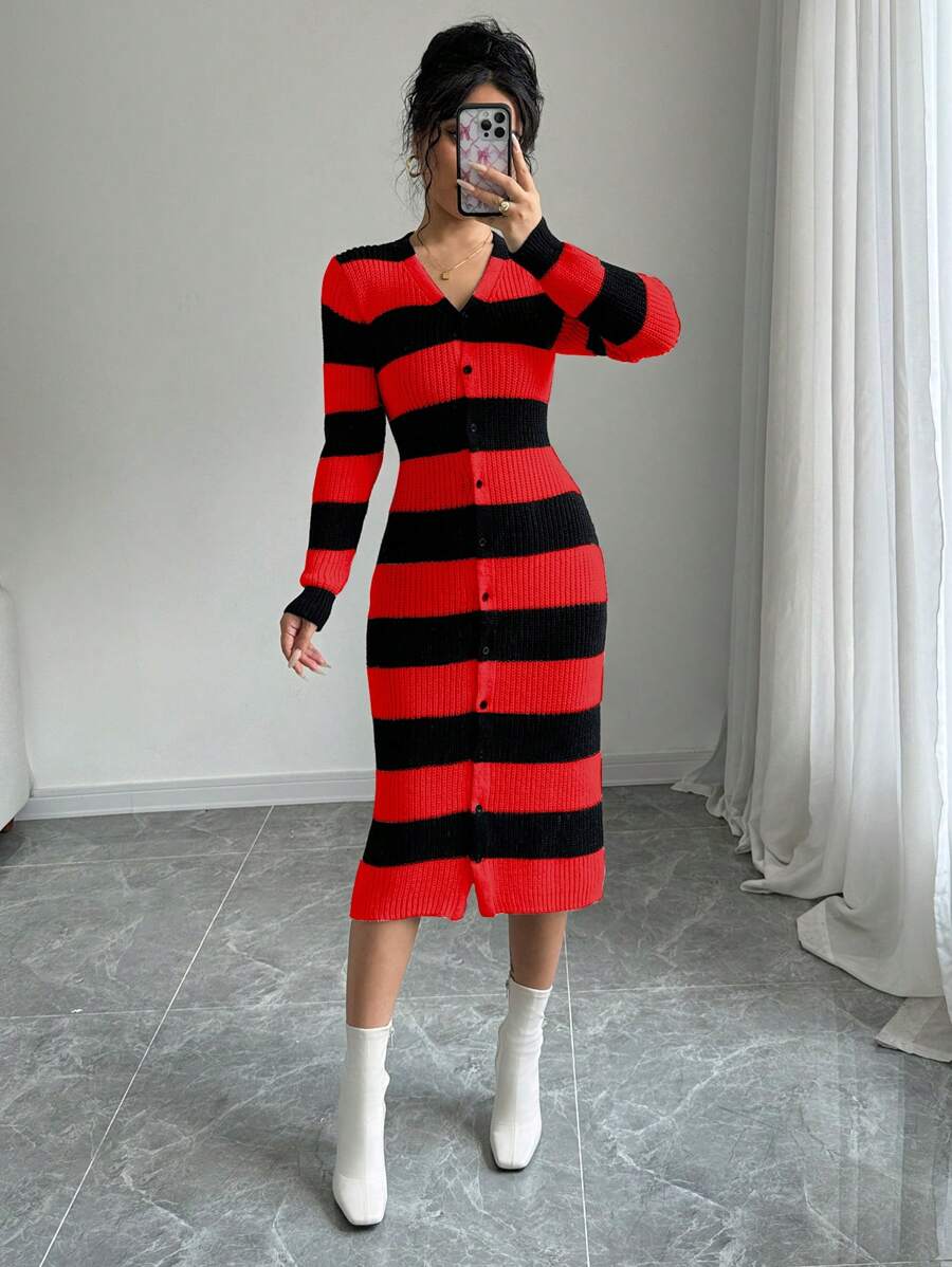 SHEIN Unity Women V-Neck Color Block Striped Print Button Front Long Sleeve Sweater Dress - Red - View 1