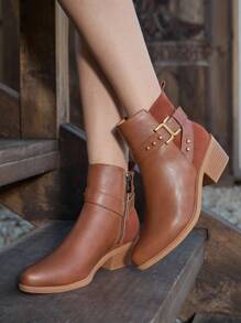 Styleloop Women's Solid Color Metal Decor Casual Fashion Ankle Boots, Simple Short Boots, BOHO Style, Retro American/Bohemian Vibe, Suitable For Music Festivals, Parties, Christmas, Halloween