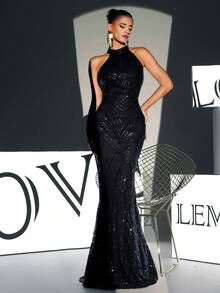 Halter Neck Mermaid Hem Sequin Prom Dress Black Elegant Formal Evening Wedding Guest Gown, For Graduation, Dinner Party Dress