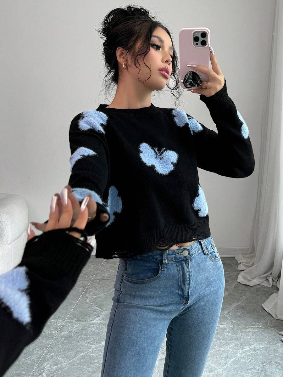 Chiquease Women Fashion Butterfly Pattern Crew Neck Sweater Knit Pullover Fall Winter - Black - View 1