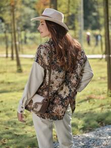LanaWest 1 pieza Chaqueta casual de cuello camisero con manga larga, hombros caídos y parche de jacquard para otoño