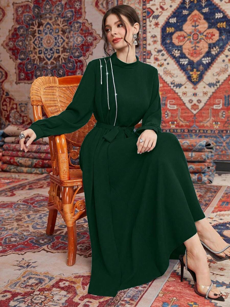 Modelyn 女式优雅闪光丝带腰部休闲朴素长袖连衣裙，秋季 - 墨綠色 - 查看 1
