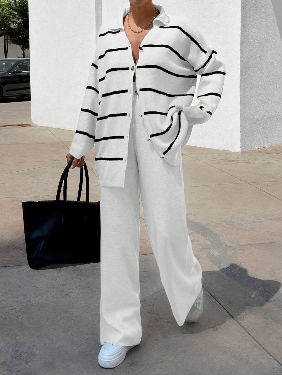 EURMUSE Women Striped Sweater Cardigan And Pant Set - White - View 1