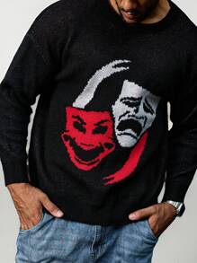 Manfinity LEGND Plus Size Men Portrait Pattern Round Neck Sweater, Casual Everyday Wear For Autumn/Winter - Multicolor - View 5