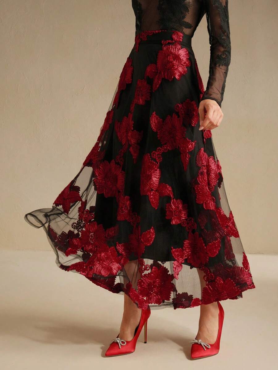 Anewsta New Vintage Elegant Versatile Floral Embroidery Mesh High Waist A-Line Skirt, Autumn/Spring Maxi, Christmas - Multicolor - View 1