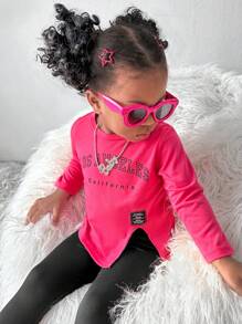 SHEIN 2 pièces Ensemble Top col rond imprimé de lettres slogans et bas ajustés à ourlet franges, style mode de rue minimaliste décontracté pour bébé fille, convient au port en extérieur