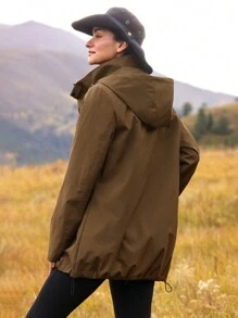 In My Nature 女士休闲日常拉链连帽户外雨衣夹克，秋季 - 棕色 - 查看 2