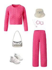 2 件套：Tween Girl 女童鹿绒针织套头衫 + 阔腿毛衣裤，休闲韩版，适合户外，秋冬 - 玫紅色 - 查看 7