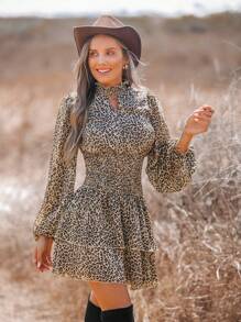 SHEIN VCAY Commuting Outfits,Classic And Versatile,Halloween Outfits, Daily Wear, Party Wear,High Collar Vacation Chiffon Woven Leopard Print Stand Collar Lantern Sleeve Short Women Dress,Suitable For All Seasons,Autumn And Winter,Spring And Summer