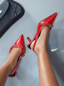 CUCCOO GRLICON Giày cao gót mũi nhọn màu đen thời trang cho nữ, giày cao gót đế dày vừa phải, ngày lễ tình nhân, năm mới - Đỏ - Xem 1