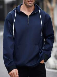 Manfinity Homme Men's Solid Color Long Sleeve Zippered Half Stand Collar Drawstring Hoodie Sweatshirt For Autumn