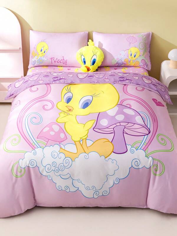 LOONEY TUNES X SHEIN Funny Cartoon & Mushroom Patterned Lavender Bedding Set