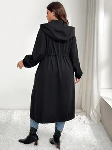 SHEIN LUNE 女士连帽长款开衫外套，收腰休闲外套，适合秋冬季 - 黑色 - 查看 2