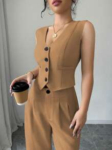 Elenzga 女士单排扣 V 领背心和阔腿裤优雅办公套装 - 棕色 - 查看 6