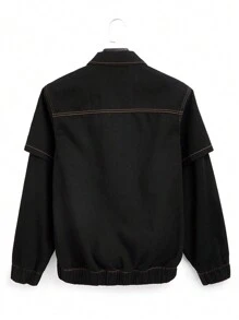 Chillumni Plus Size Men Button Front Long Sleeve Pocket Casual Denim Jacket, Fall - Black - View 2