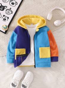 SHEIN Girls' Colorblock Plush Fleece Warm Jacket
