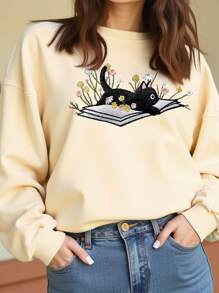 INAWLY 女士宽松猫咪刺绣圆领插肩长袖运动衫 - 杏色 - 查看 3