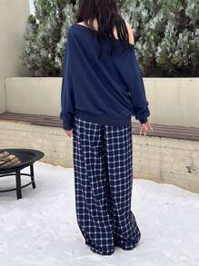 INAWLY Women Knit Casual Going Out Party English Print Loose Sweatshirt Set, Navy, Autumn/Winter Fall Cloth For Women - Navy Blue - View 2