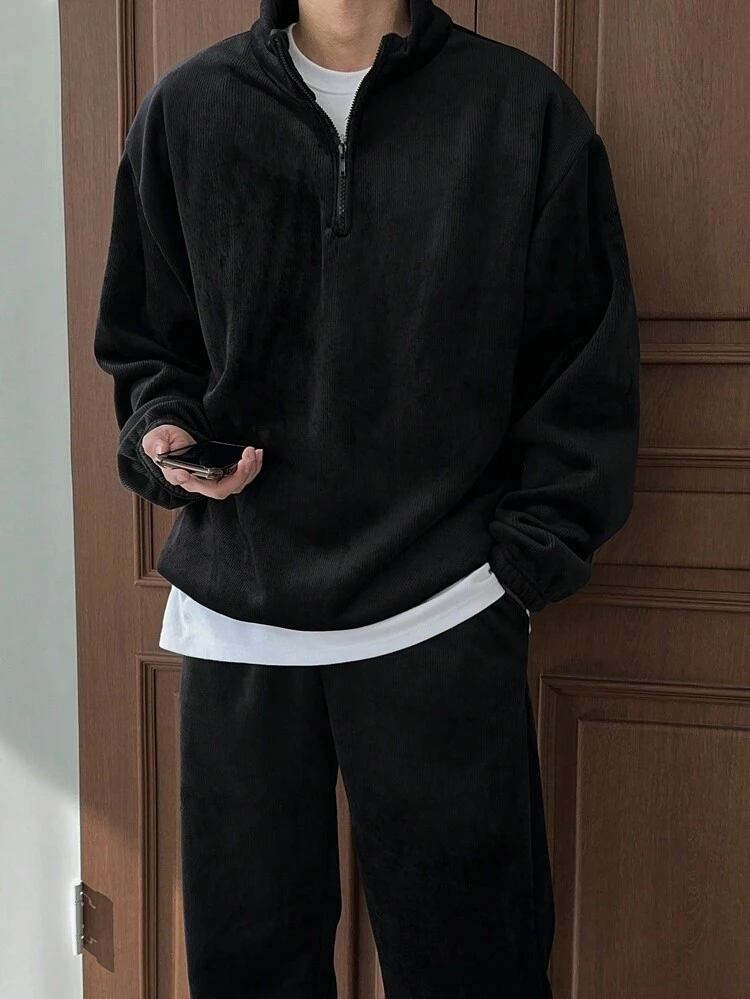 Men Solid Color Stand Collar Top And Pants Set, Casual For Autumn Quarter Zip Men