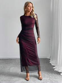 Rafferiza 女士褶皱网眼圆领长袖连衣裙酒红色长款女装 - 酒紅色 - 查看 3