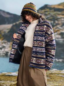 In My Nature Áo khoác lông cừu Sherpa sọc nhiều màu cổ đứng - Cà phê nâu - Xem 7