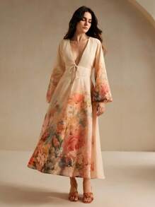 Anewsta Vestido de manga larga con estampado floral, suave y romántico, apropiado para vacaciones a principios del otoño
