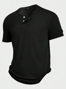 Manfinity RelaxMax T-shirt décontracté à manches courtes avec boutons devant et couleur unie pour hommes