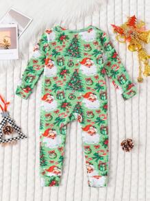 圣诞老人与礼盒印花长袖连体紧身睡衣套装（适合婴儿男孩，秋冬季） - 綠色 - 查看 2